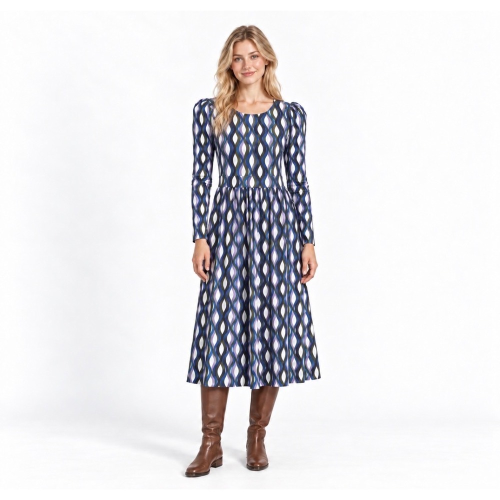 Boden Women Purple Blue Geometric Long Sleeve Midi Dress D1051 Jersey Knit 4L